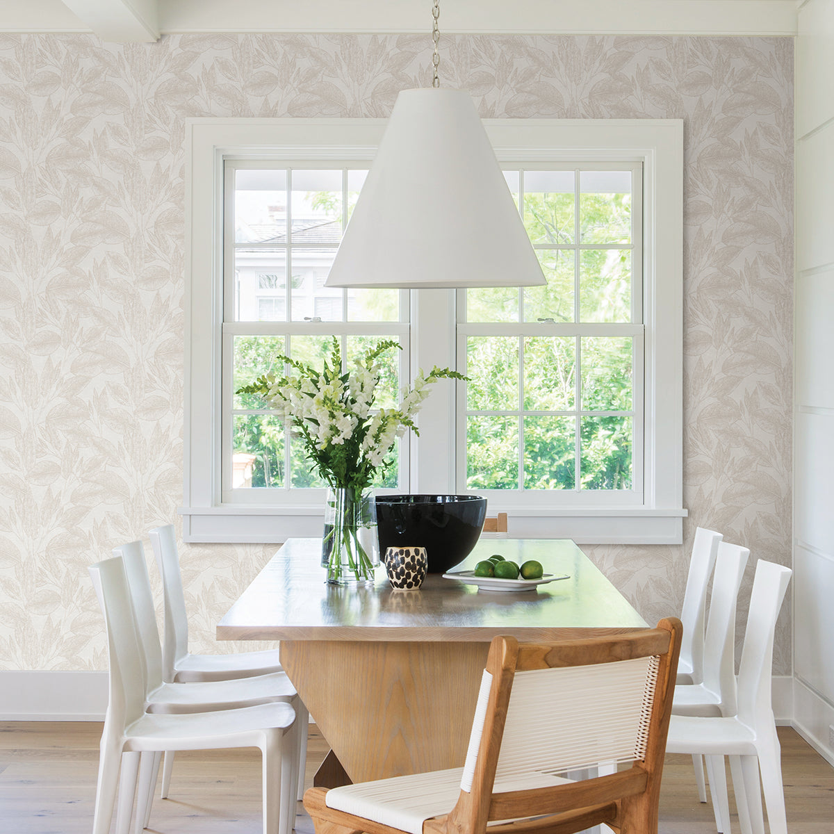 Suki Cream Leaves Wallpaper - Brewster Wallcovering