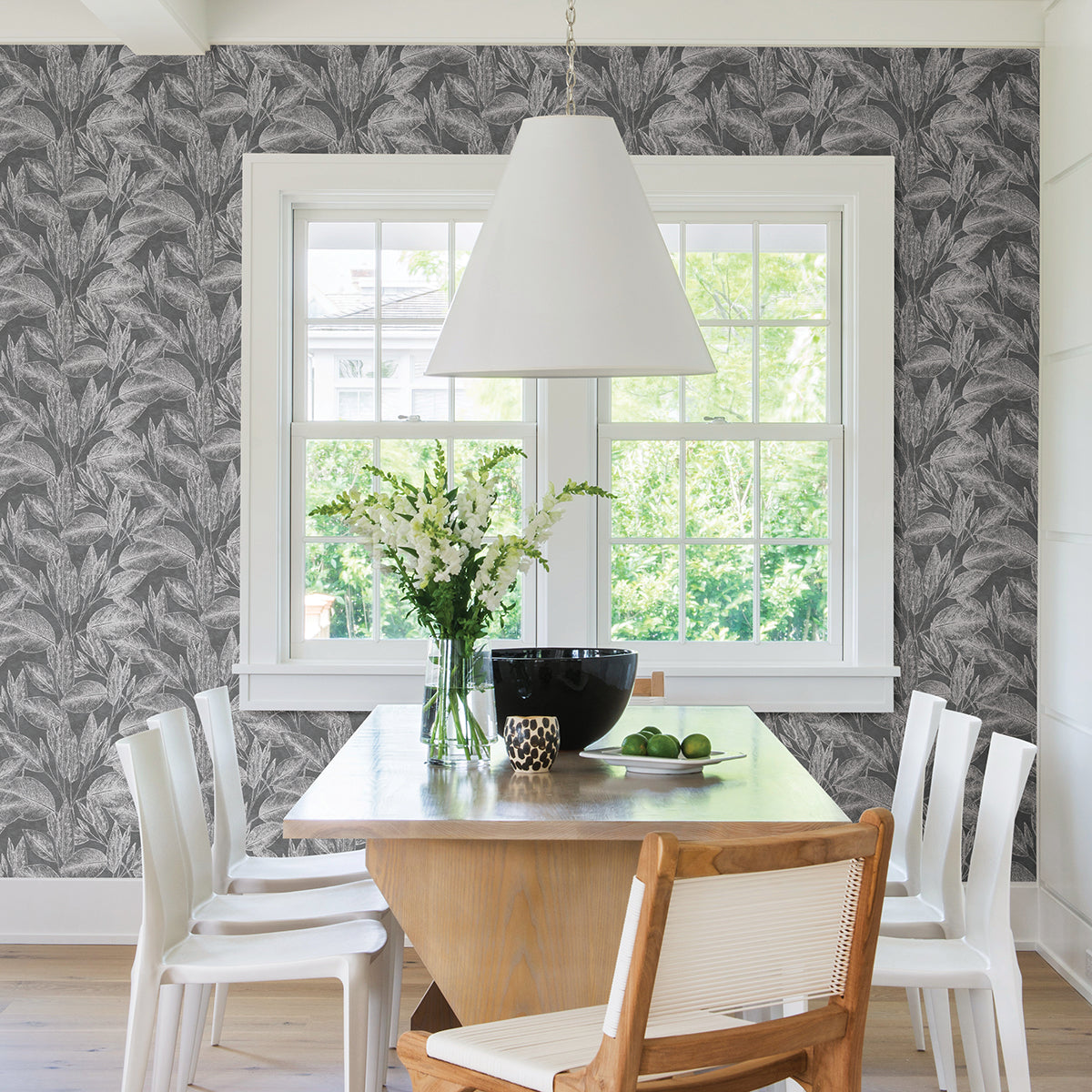 Suki Grey Leaves Wallpaper - Brewster Wallcovering