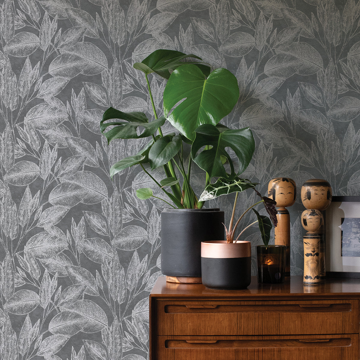 Suki Grey Leaves Wallpaper - Brewster Wallcovering