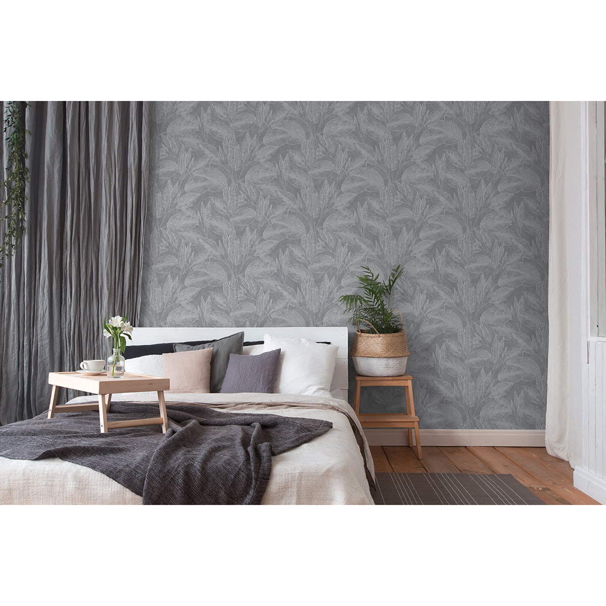 Suki Grey Leaves Wallpaper - Brewster Wallcovering