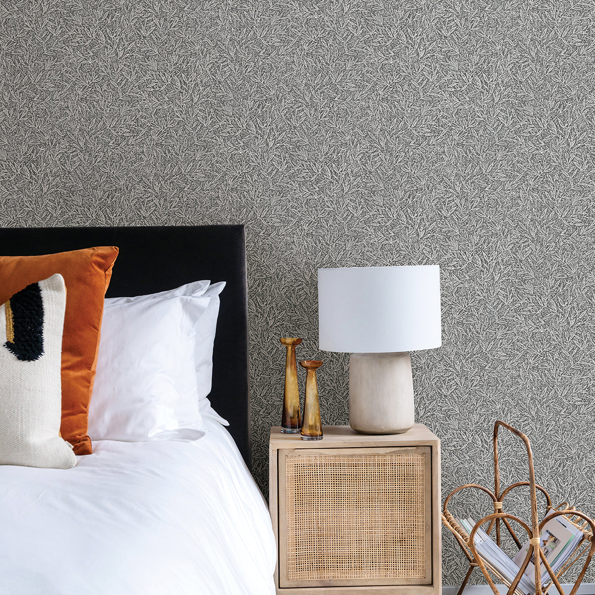 Sayuri Charcoal Leaf Trail Wallpaper - Brewster Wallcovering