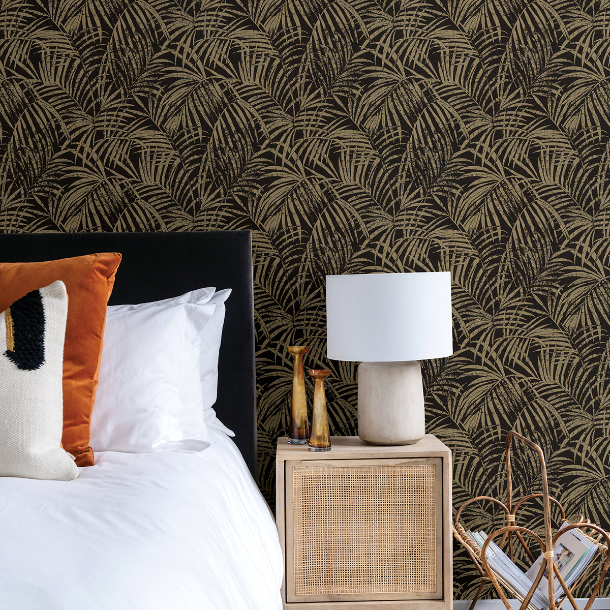 Yumi Black Palm Leaf Wallpaper  | Brewster Wallcovering - The WorkRm