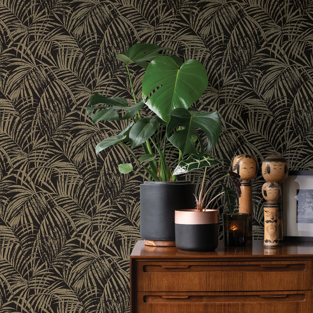 Yumi Black Palm Leaf Wallpaper  | Brewster Wallcovering - The WorkRm