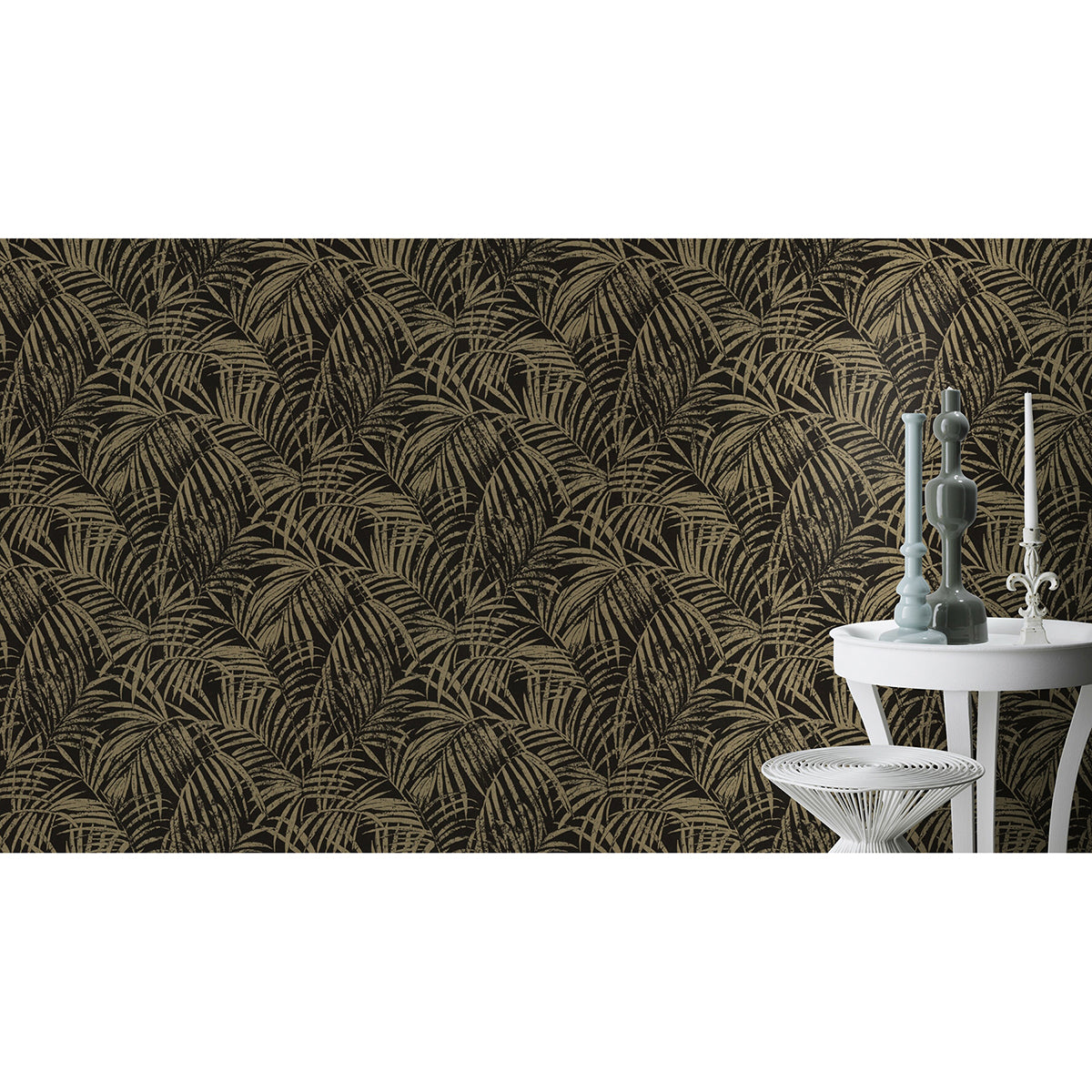 Yumi Black Palm Leaf Wallpaper - Brewster Wallcovering