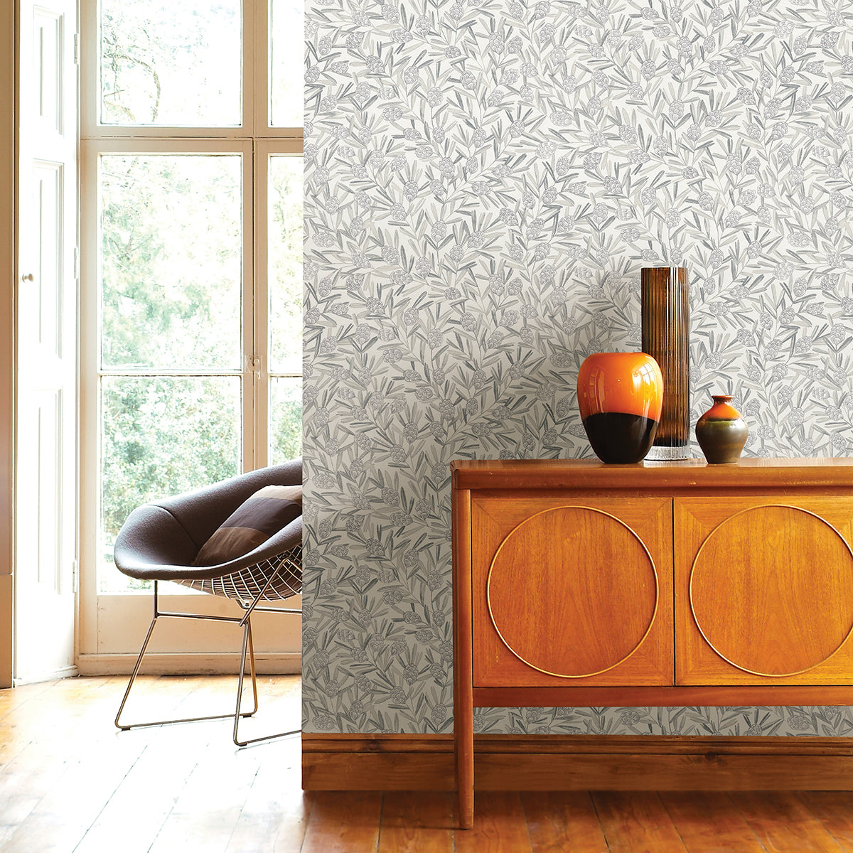 Zulma Grey Decorative Botanical Wallpaper  | Brewster Wallcovering