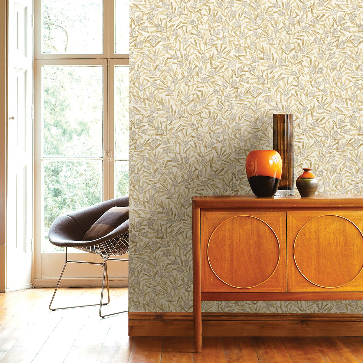 Zulma Gold Decorative Botanical Wallpaper  | Brewster Wallcovering