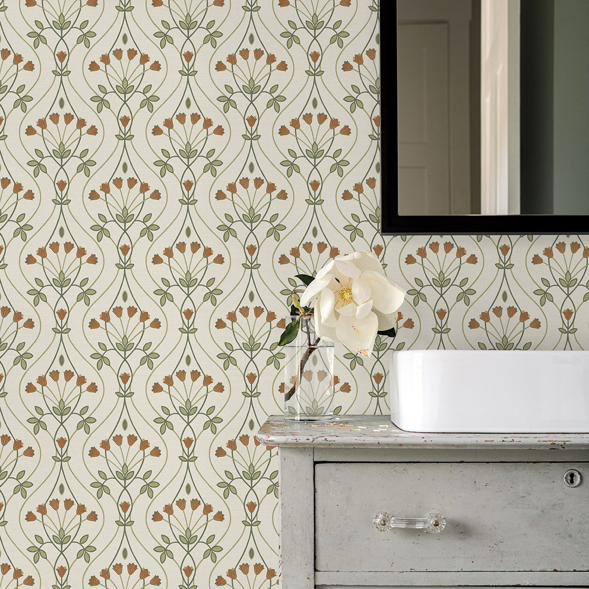 Dard Green Tulip Ogee Wallpaper - Brewster Wallcovering