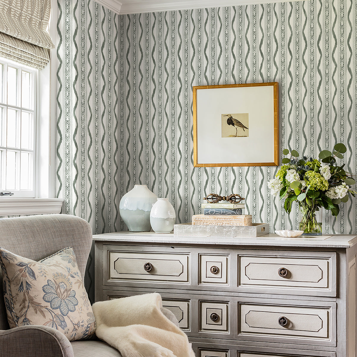 Rhys Green IKAT Stripe Wallpaper By Erin Gates - Brewster Wallcovering