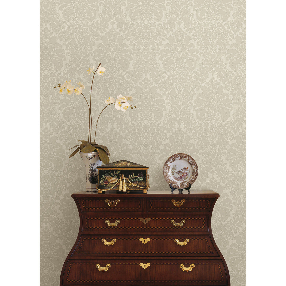 Betina White Damask Wallpaper - Brewster Wallcovering