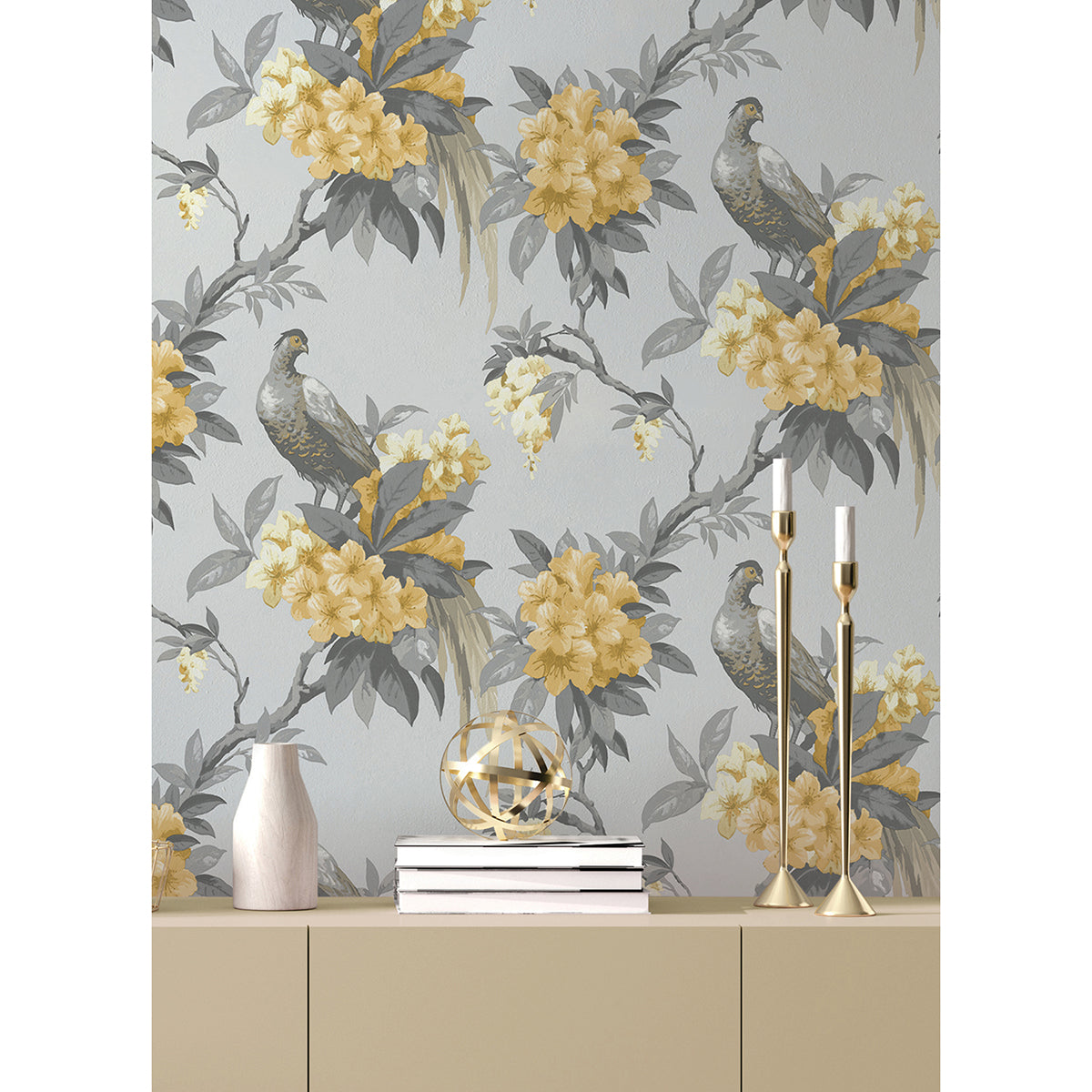 Golden Pheasant Grey Floral Wallpaper  | Brewster Wallcovering - The WorkRm