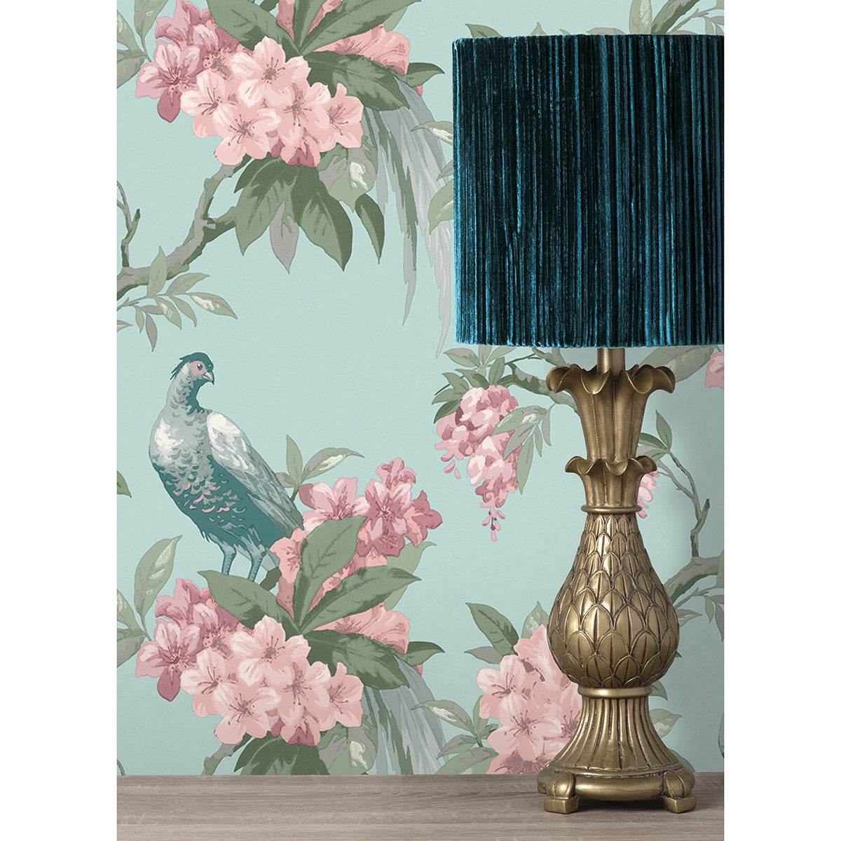 Golden Pheasant Aqua Floral Wallpaper - Brewster Wallcovering