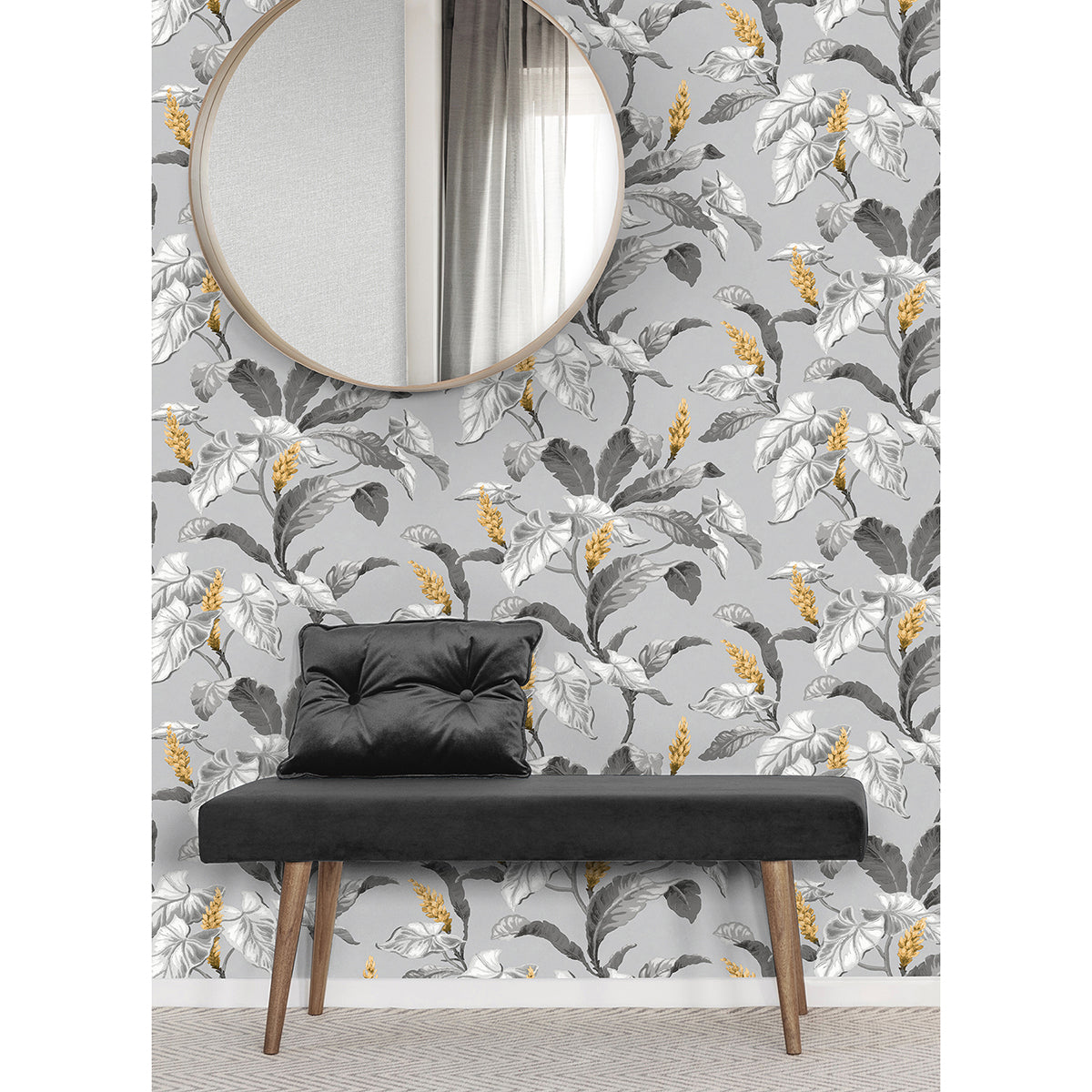 Meridian Parade Grey Tropical Leaves Wallpaper  | Brewster Wallcovering - The WorkRm