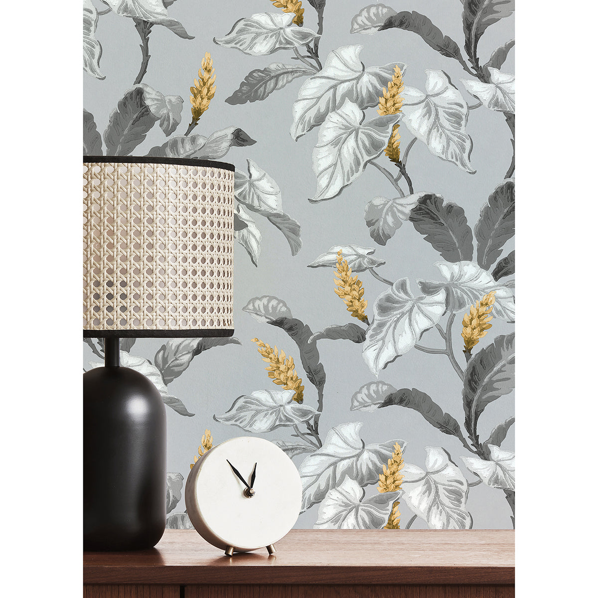 Meridian Parade Grey Tropical Leaves Wallpaper  | Brewster Wallcovering - The WorkRm