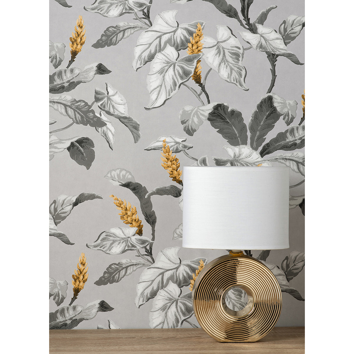 Meridian Parade Grey Tropical Leaves Wallpaper - Brewster Wallcovering