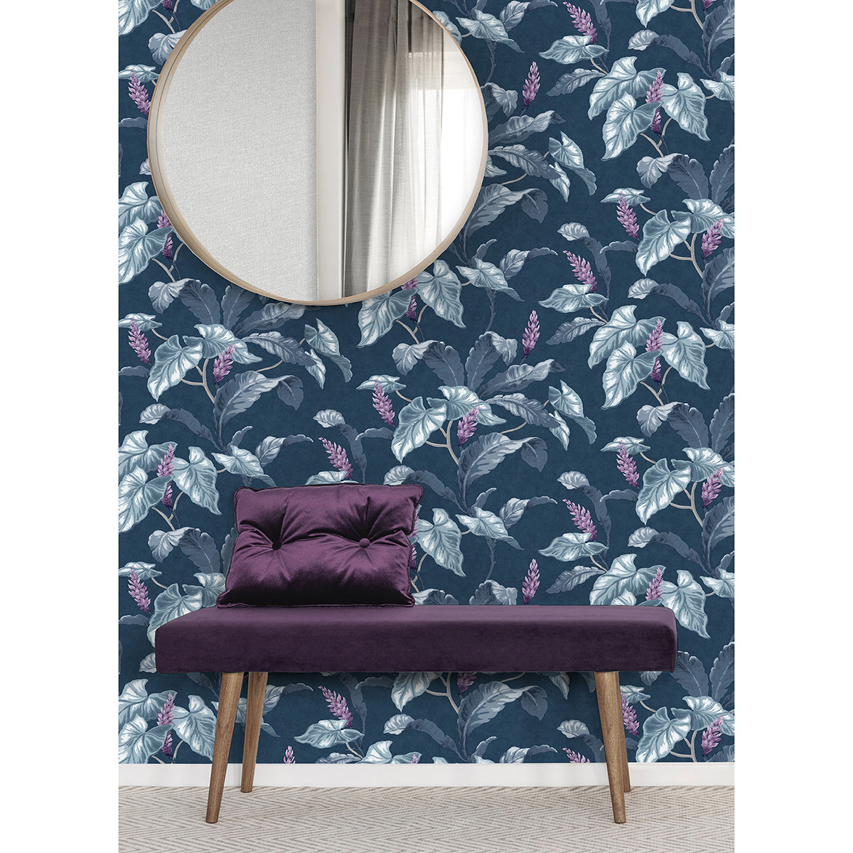 Meridian Parade Blue Tropical Leaves Wallpaper - Brewster Wallcovering