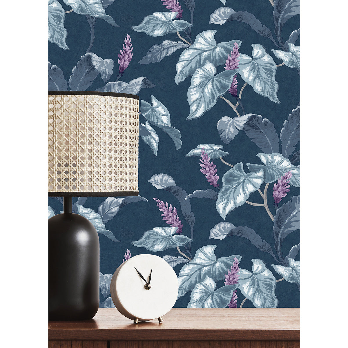 Meridian Parade Blue Tropical Leaves Wallpaper - Brewster Wallcovering