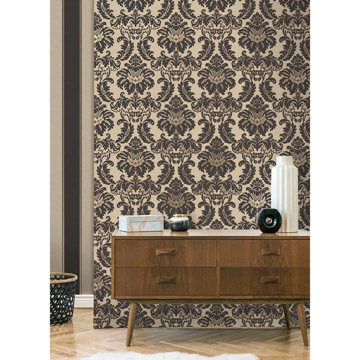 Windsor Black Damask Wallpaper - Brewster Wallcovering