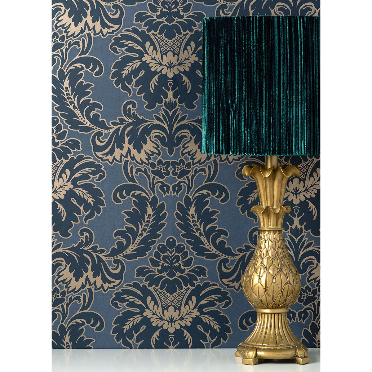 Windsor Blue Damask Wallpaper - Brewster Wallcovering