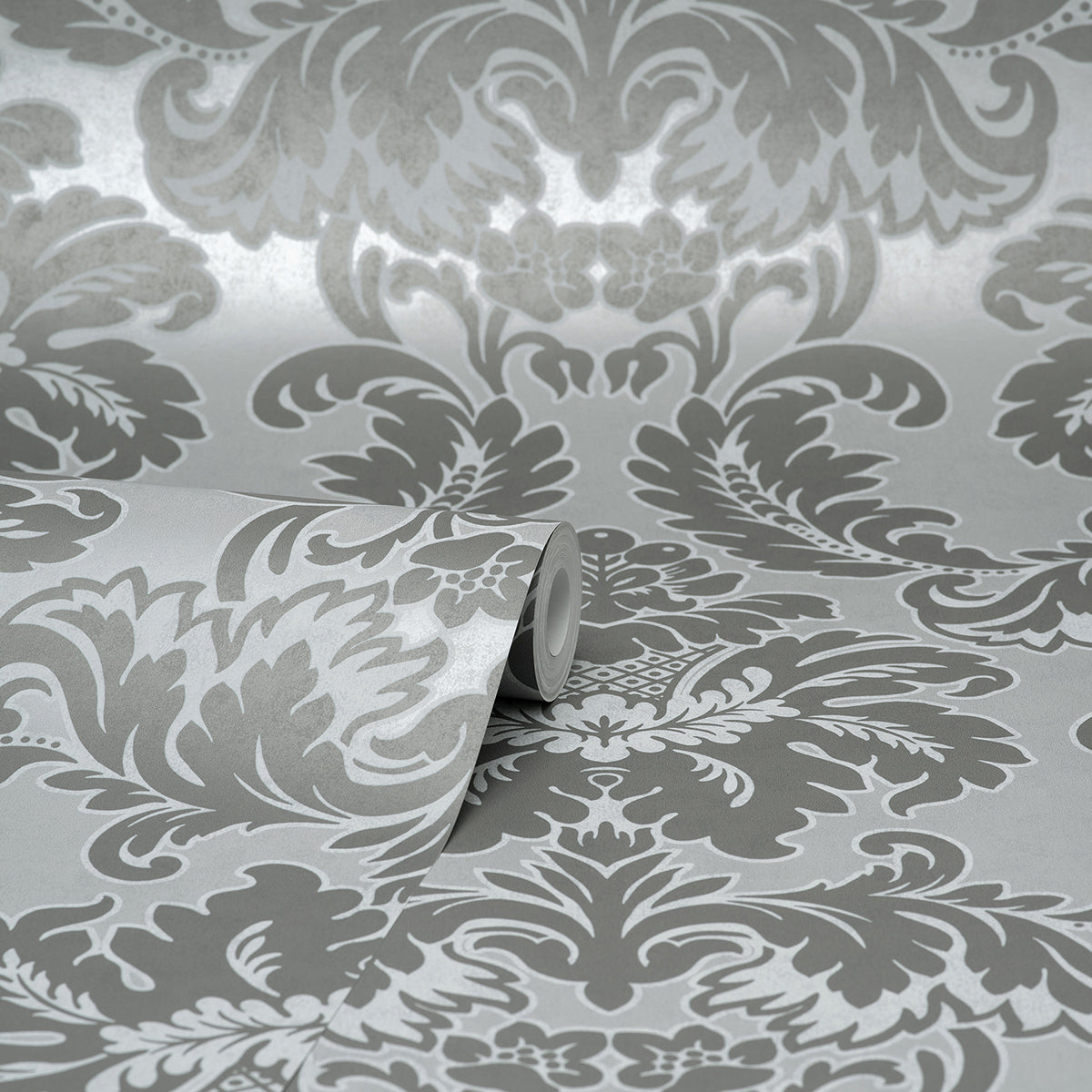 Windsor Grey Damask Wallpaper - Brewster Wallcovering