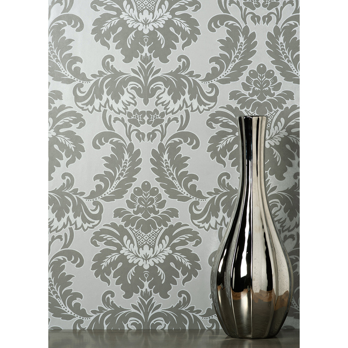 Windsor Grey Damask Wallpaper - Brewster Wallcovering