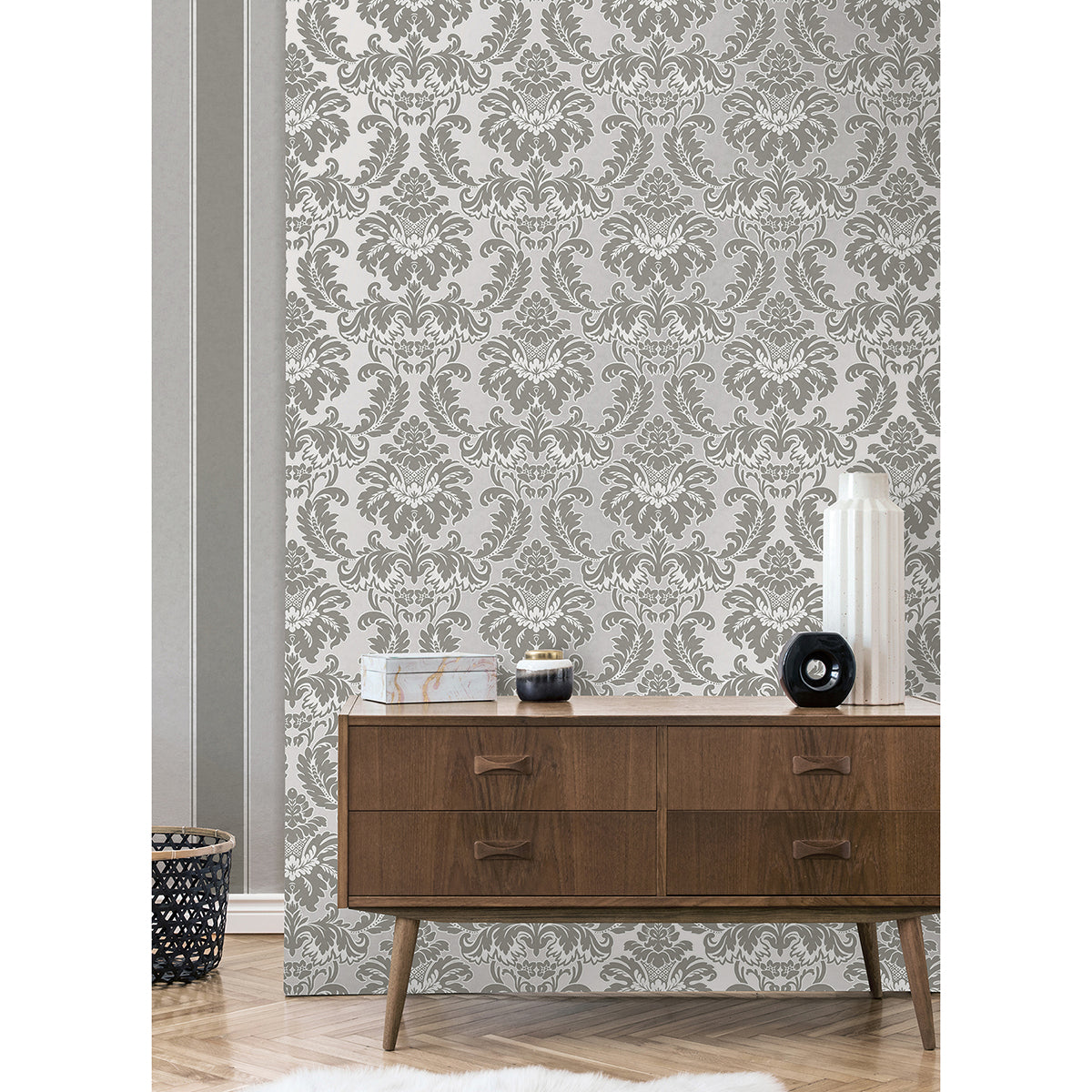 Windsor Grey Damask Wallpaper - Brewster Wallcovering