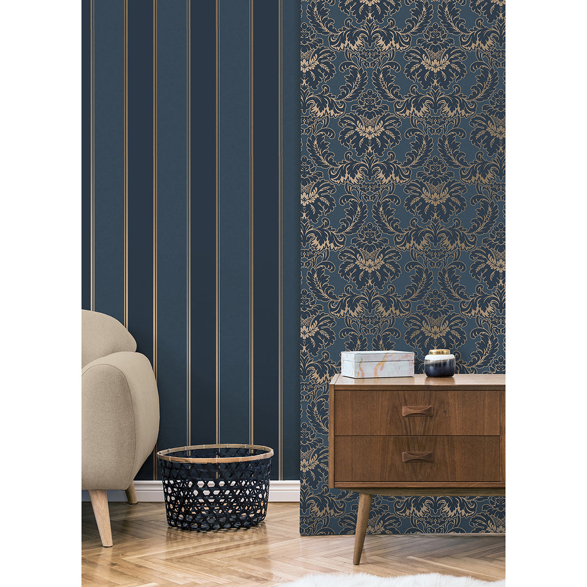 Rydia Blue Stripe Wallpaper  | Brewster Wallcovering