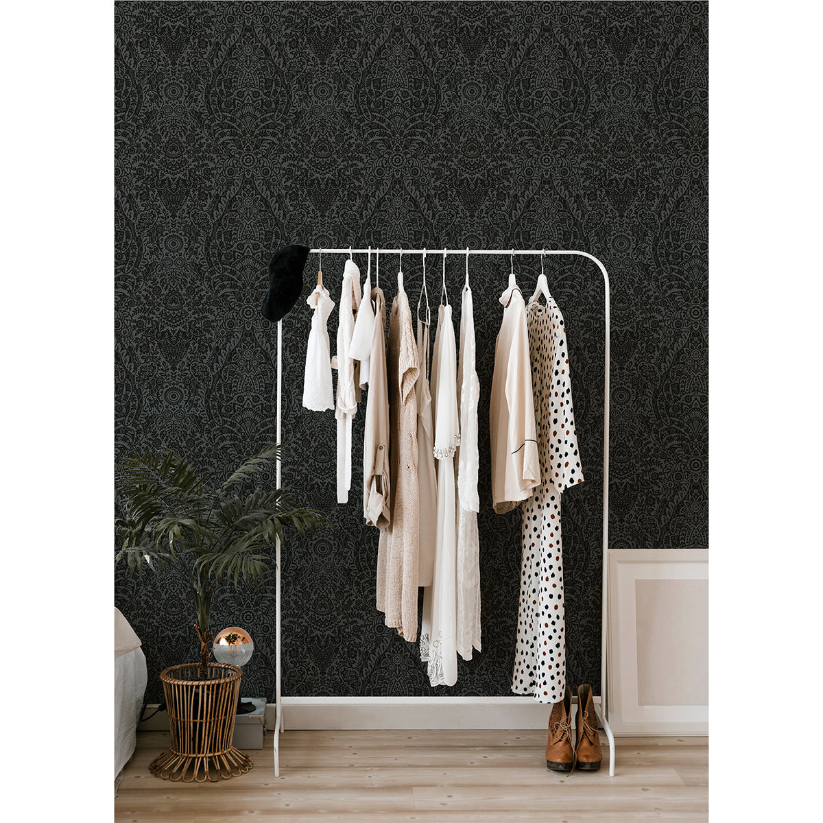 Maris Charcoal Flock Damask Wallpaper  | Brewster Wallcovering - The WorkRm