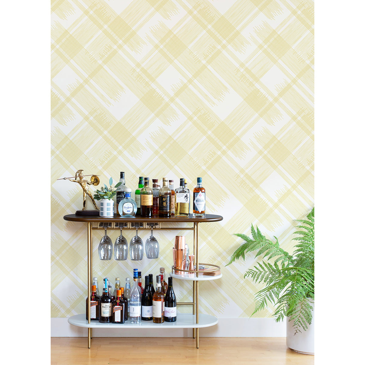 Zag Yellow Modern Plaid Wallpaper  | Brewster Wallcovering