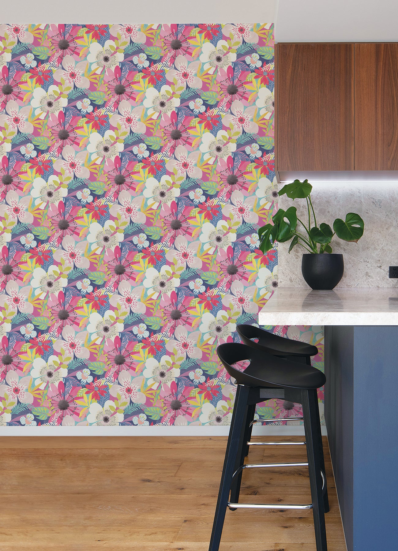 Janis Raspberry Floral Riot Wallpaper  | Brewster Wallcovering - The WorkRm