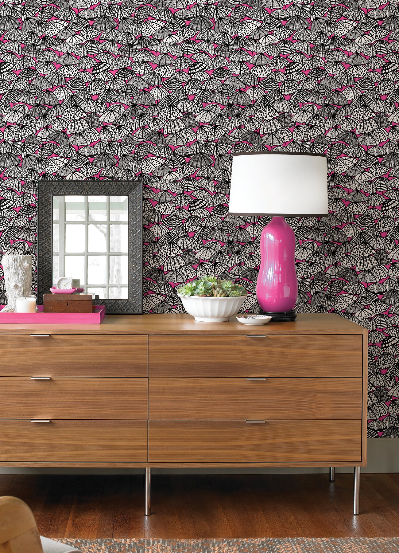 Dara Raspberry Jolly Brollies Wallpaper  | Brewster Wallcovering - The WorkRm