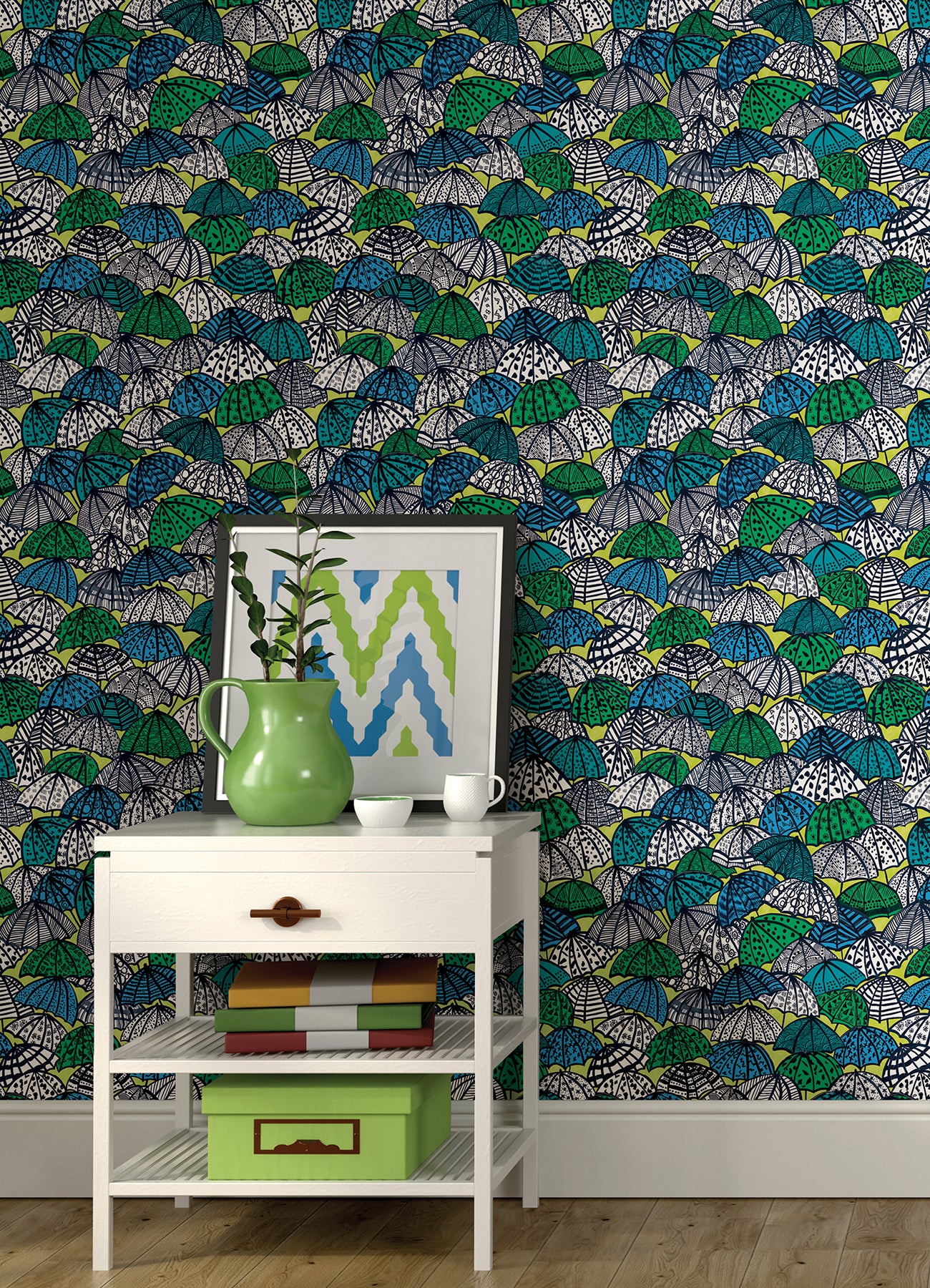 Dara Chartreuse Jolly Brollies Wallpaper - Brewster Wallcovering