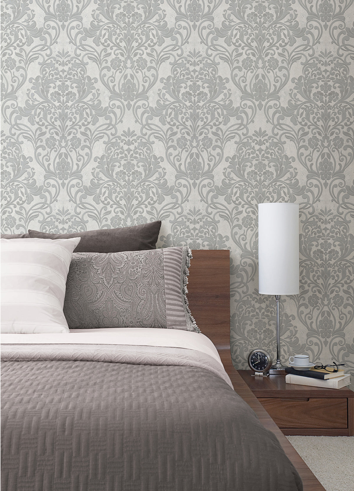 Anders Silver Damask Wallpaper  | Brewster Wallcovering