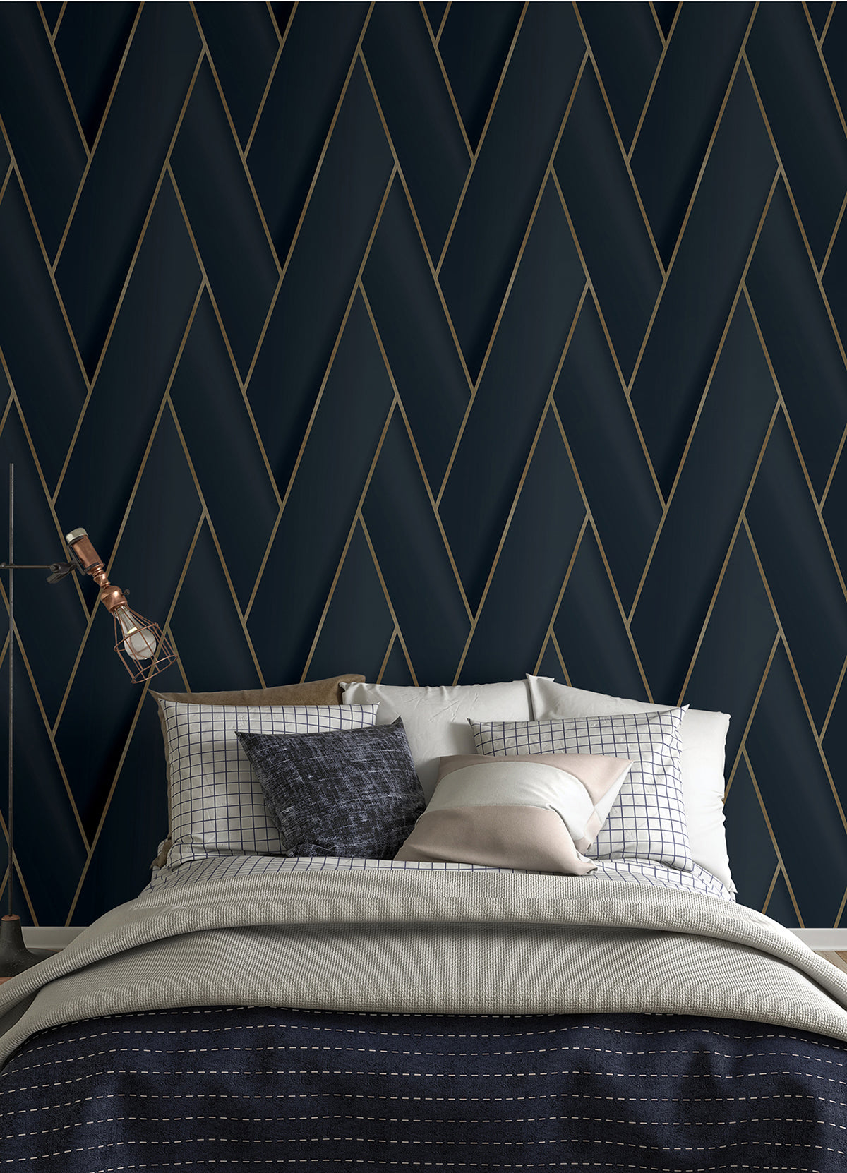 Manfred Navy Modern Herringbone Wallpaper  | Brewster Wallcovering - The WorkRm