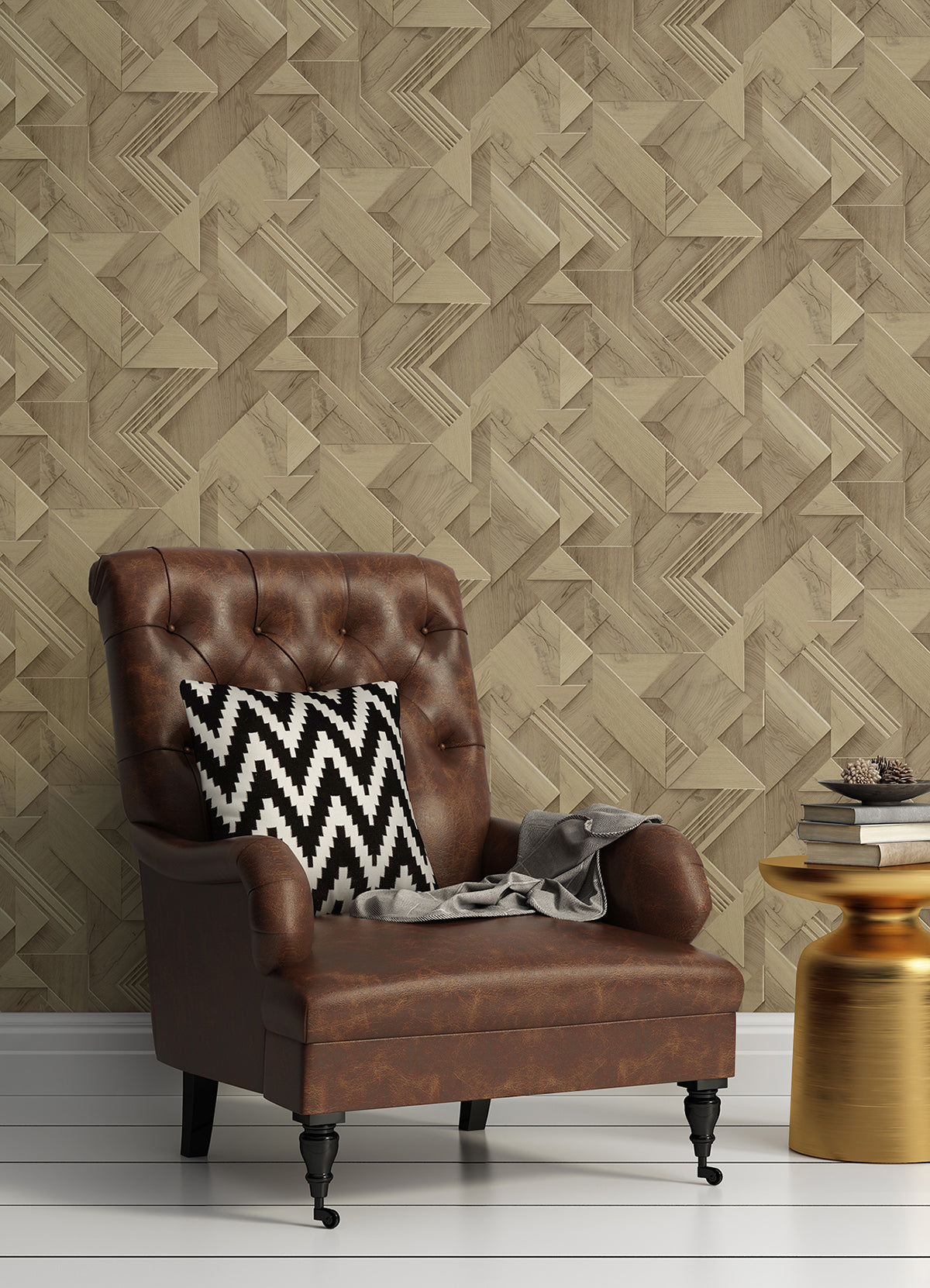 Cassian Light Brown Wood Geometric Wallpaper - Brewster Wallcovering