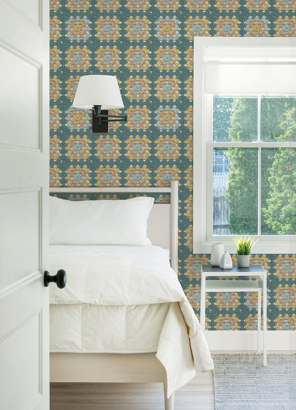 Maud Teal Crochet Geometric Wallpaper - Brewster Wallcovering