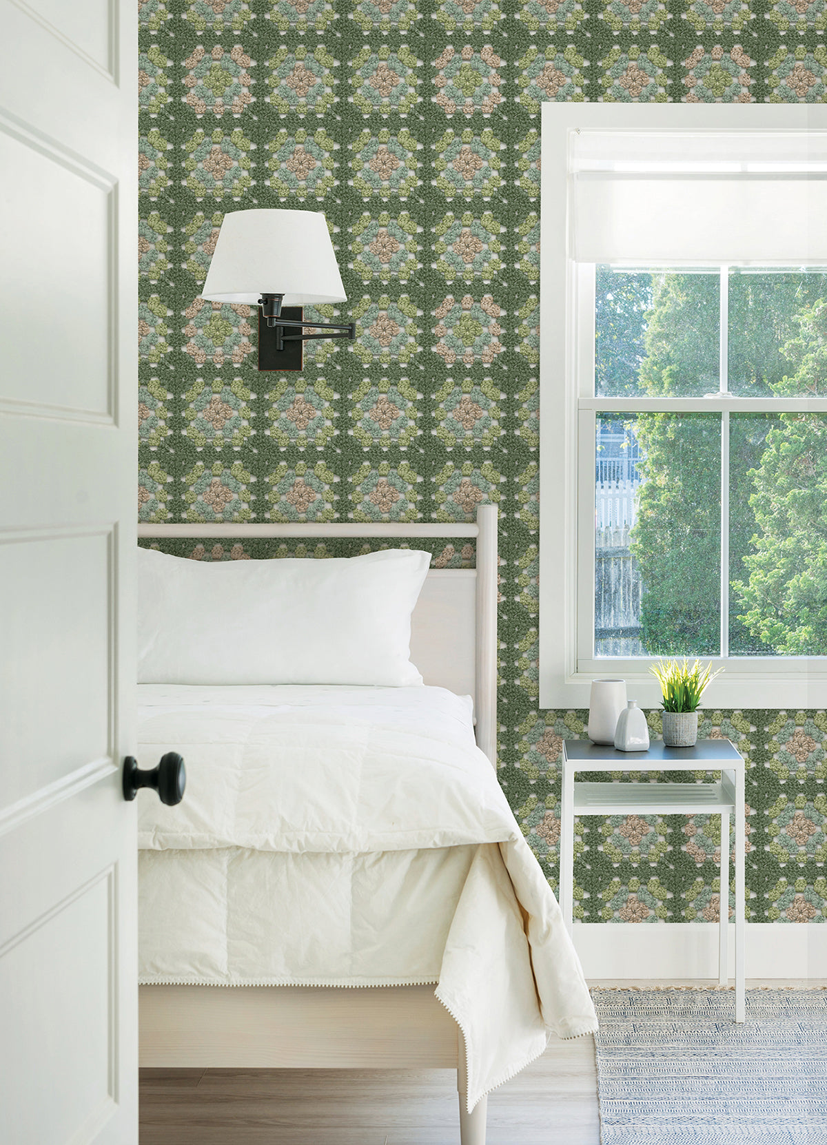 Maud Green Crochet Geometric Wallpaper - Brewster Wallcovering