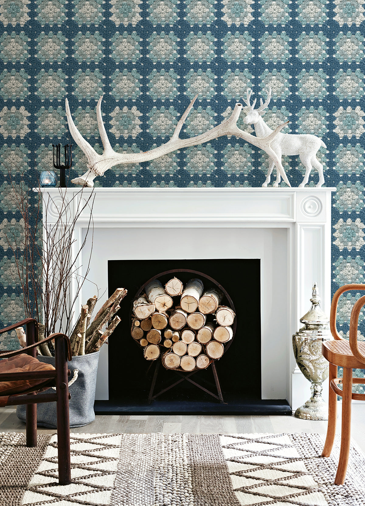 Maud Blue Crochet Geometric Wallpaper  | Brewster Wallcovering - The WorkRm