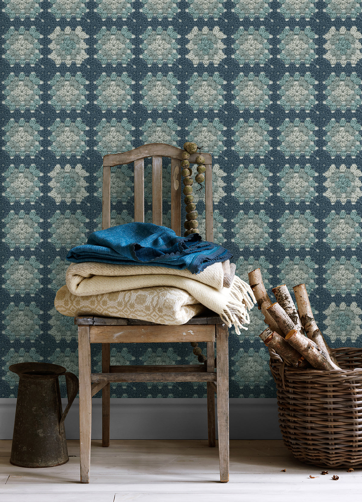 Maud Blue Crochet Geometric Wallpaper - Brewster Wallcovering