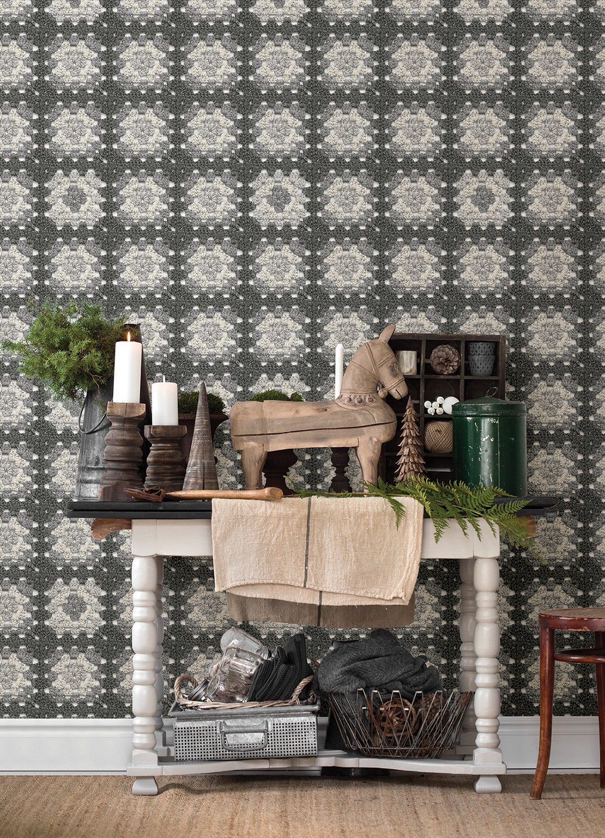 Maud Grey Crochet Geometric Wallpaper - Brewster Wallcovering