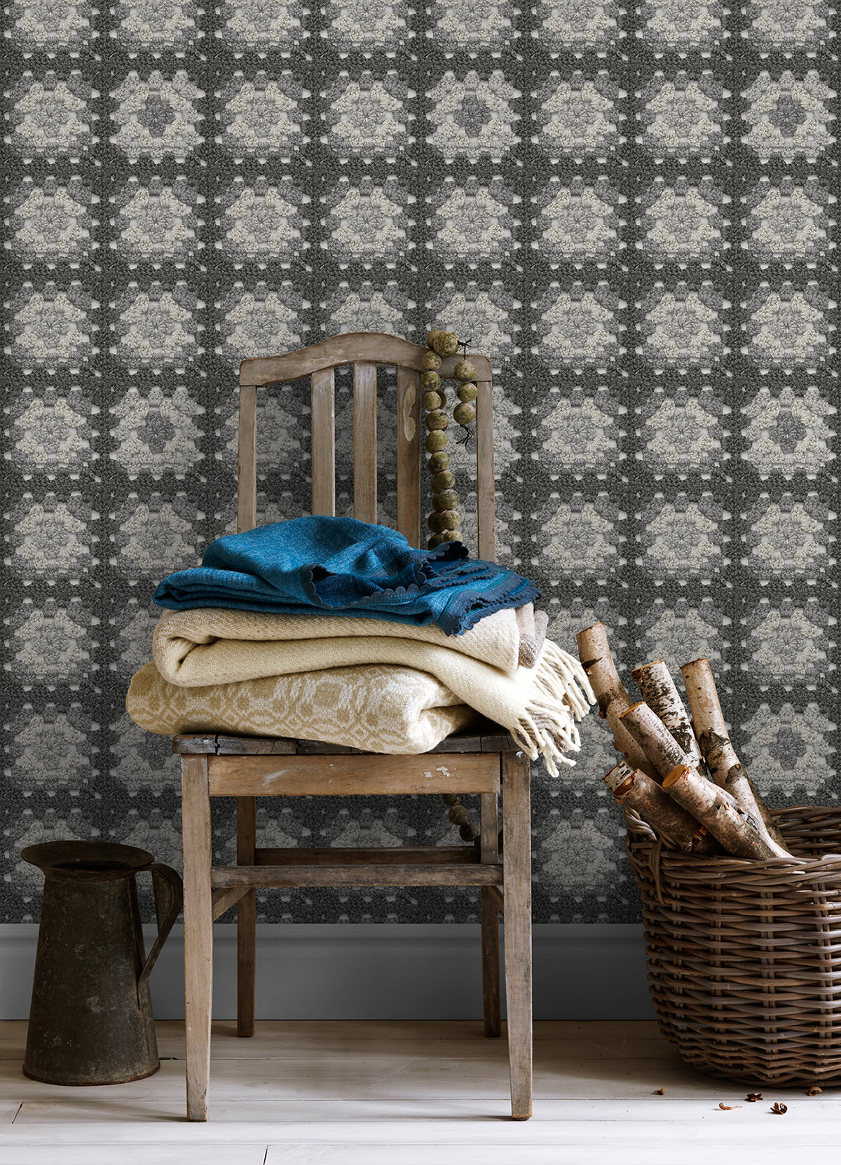 Maud Grey Crochet Geometric Wallpaper - Brewster Wallcovering