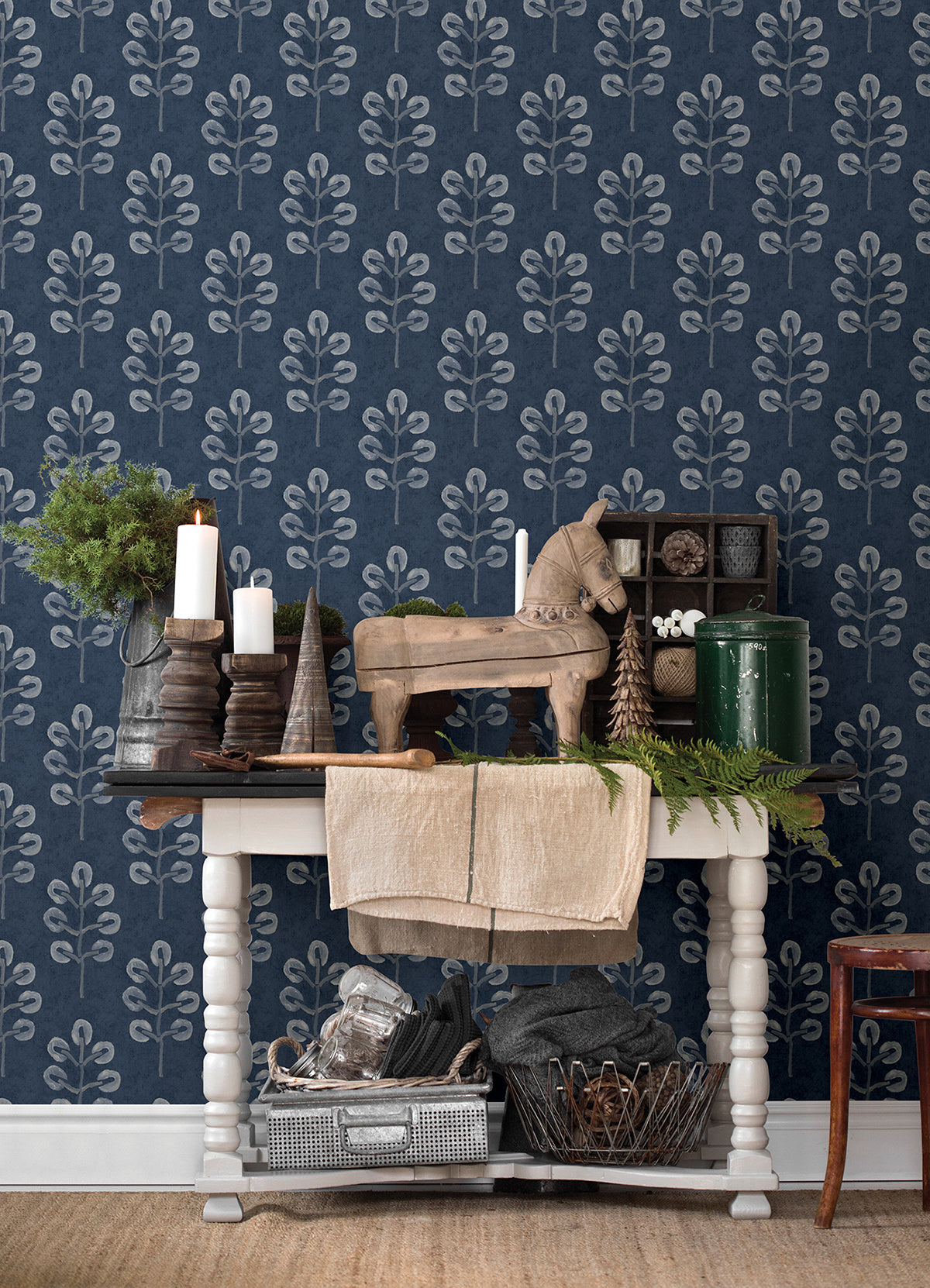 Plum Tree Dark Blue Botanical Wallpaper  | Brewster Wallcovering - The WorkRm