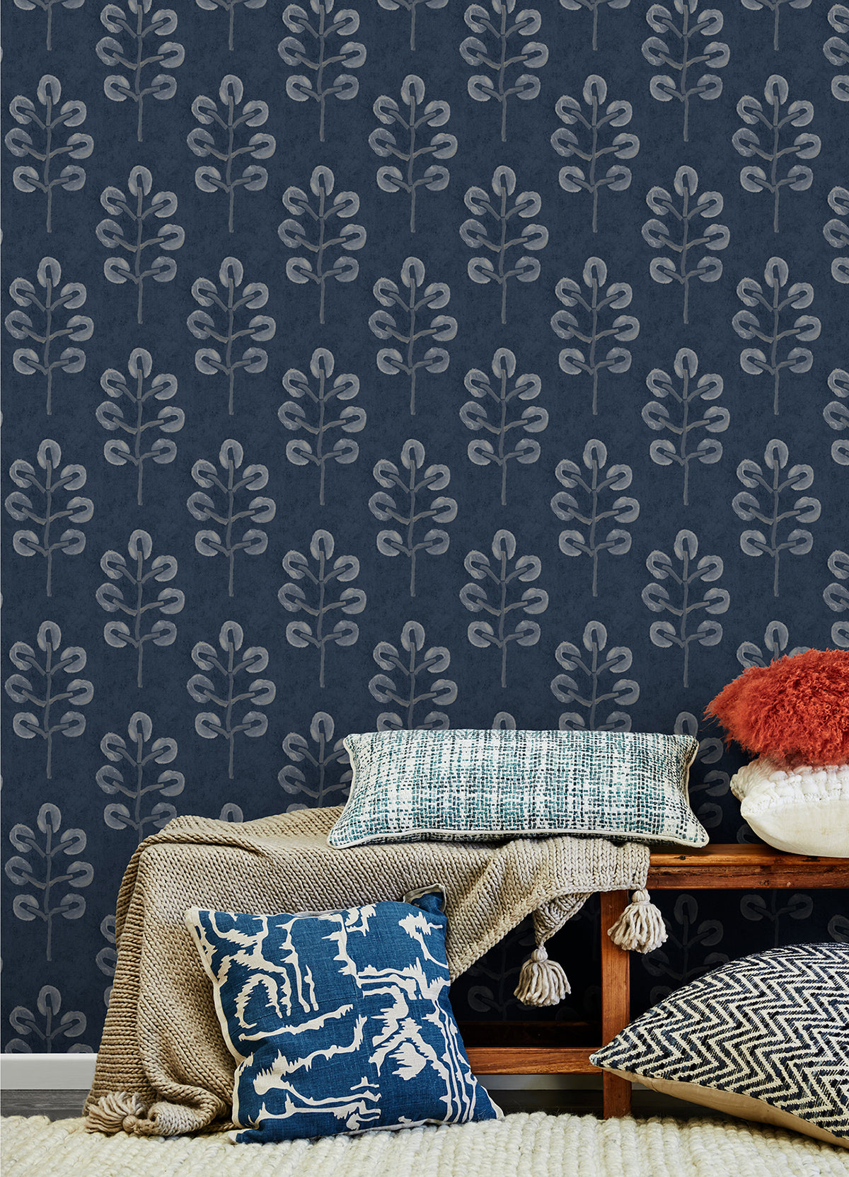 Plum Tree Dark Blue Botanical Wallpaper  | Brewster Wallcovering - The WorkRm