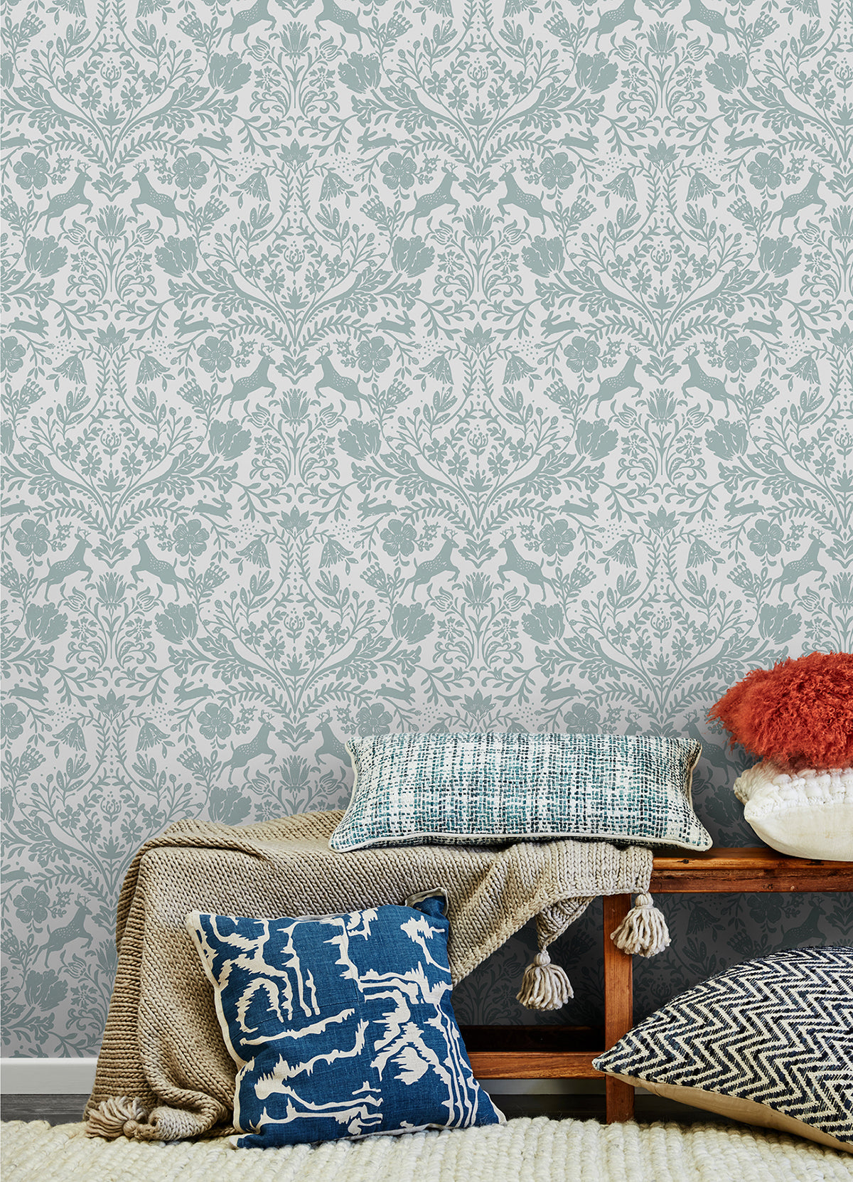 Forest Dance Aqua Damask Wallpaper  | Brewster Wallcovering - The WorkRm