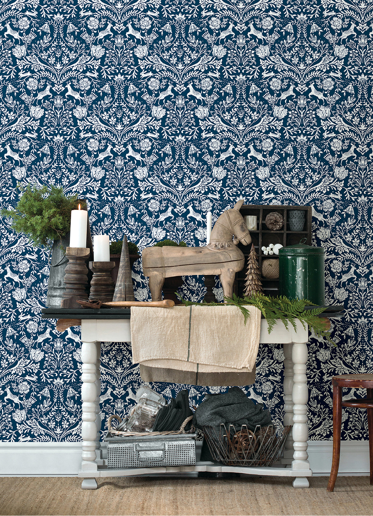 Forest Dance Navy Damask Wallpaper  | Brewster Wallcovering - The WorkRm