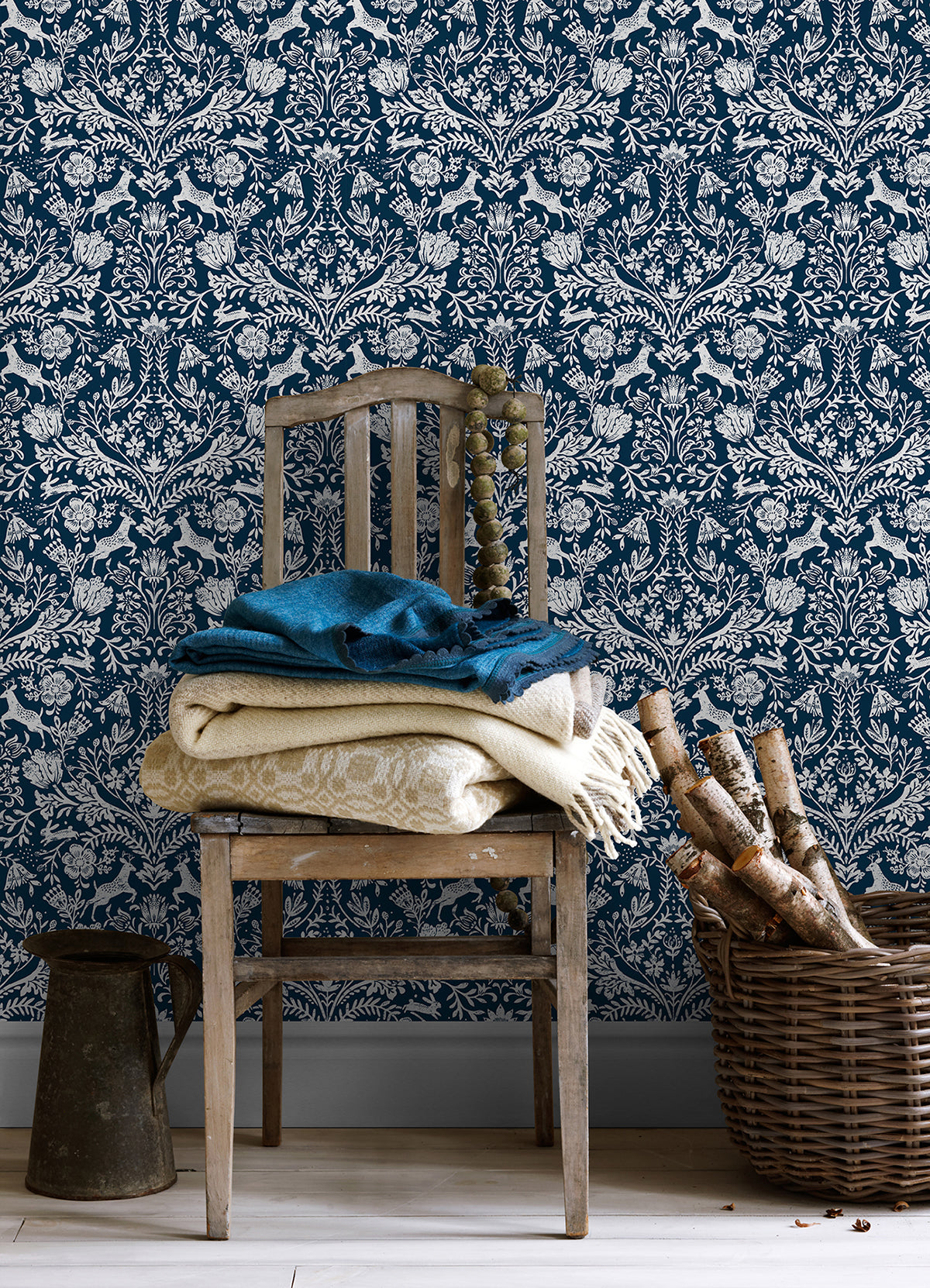 Forest Dance Navy Damask Wallpaper - Brewster Wallcovering