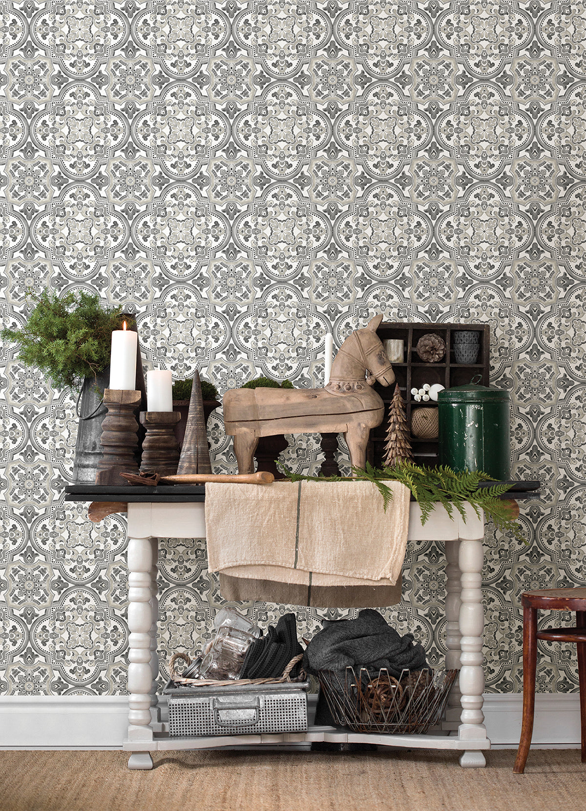 Concord Black Medallion Wallpaper - Brewster Wallcovering