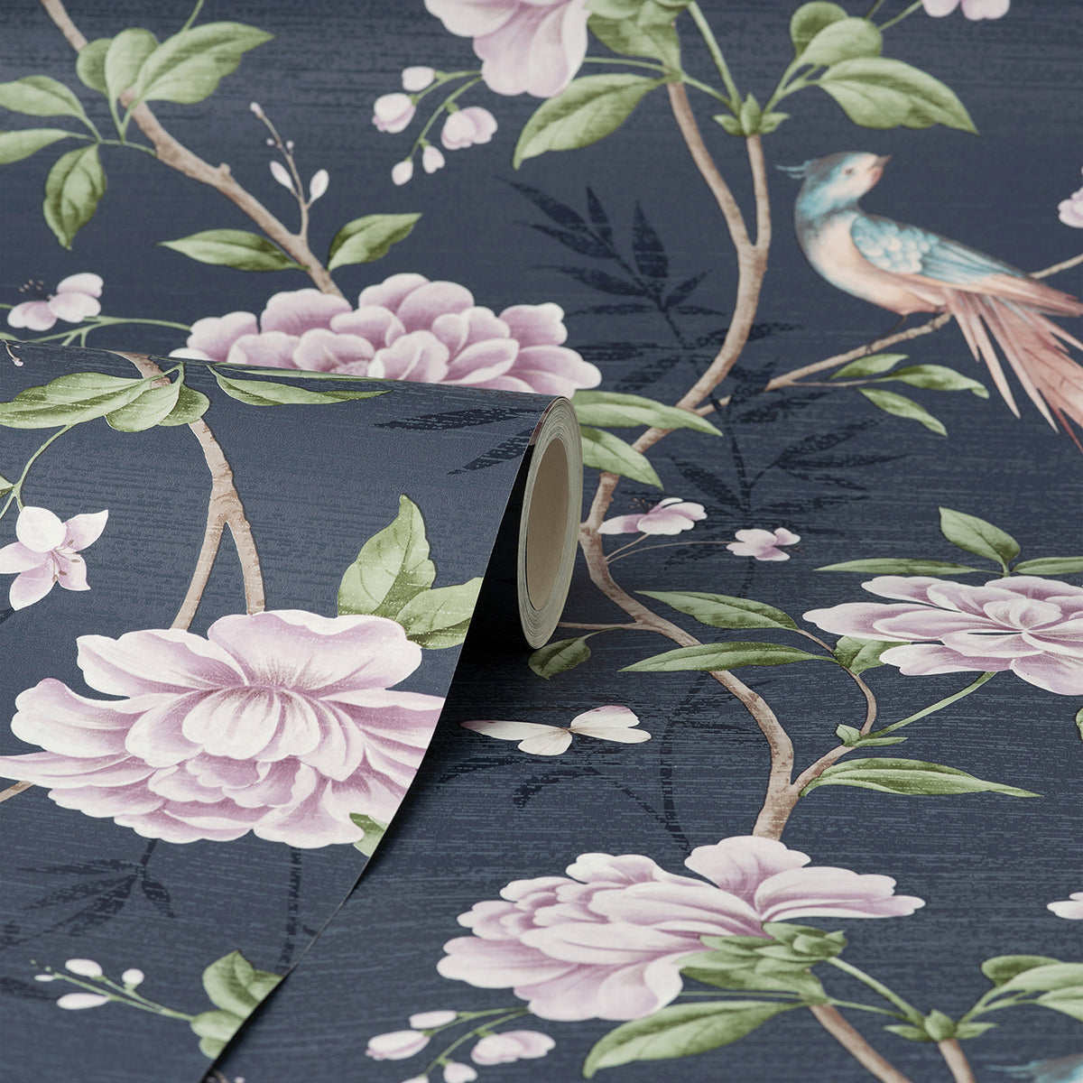 Akina Navy Floral Wallpaper - Brewster Wallcovering