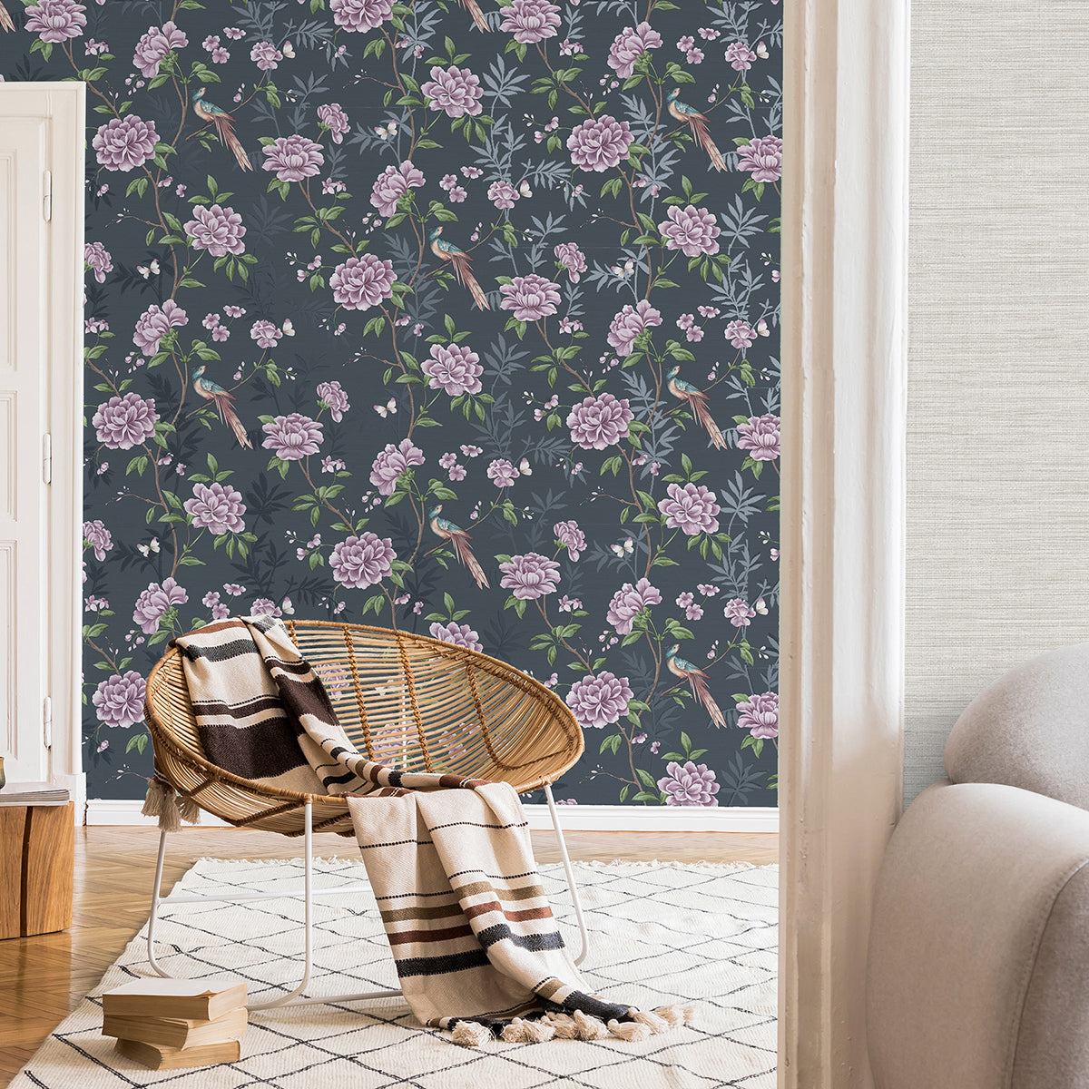 Akina Navy Floral Wallpaper - Brewster Wallcovering