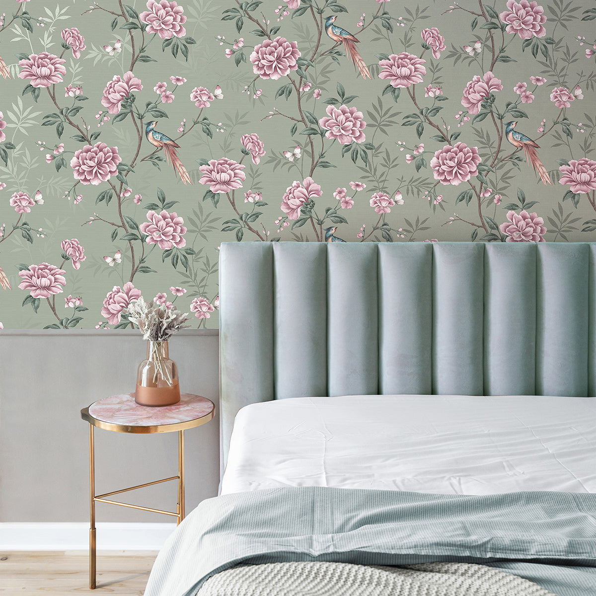 Akina Sage Floral Wallpaper - Brewster Wallcovering