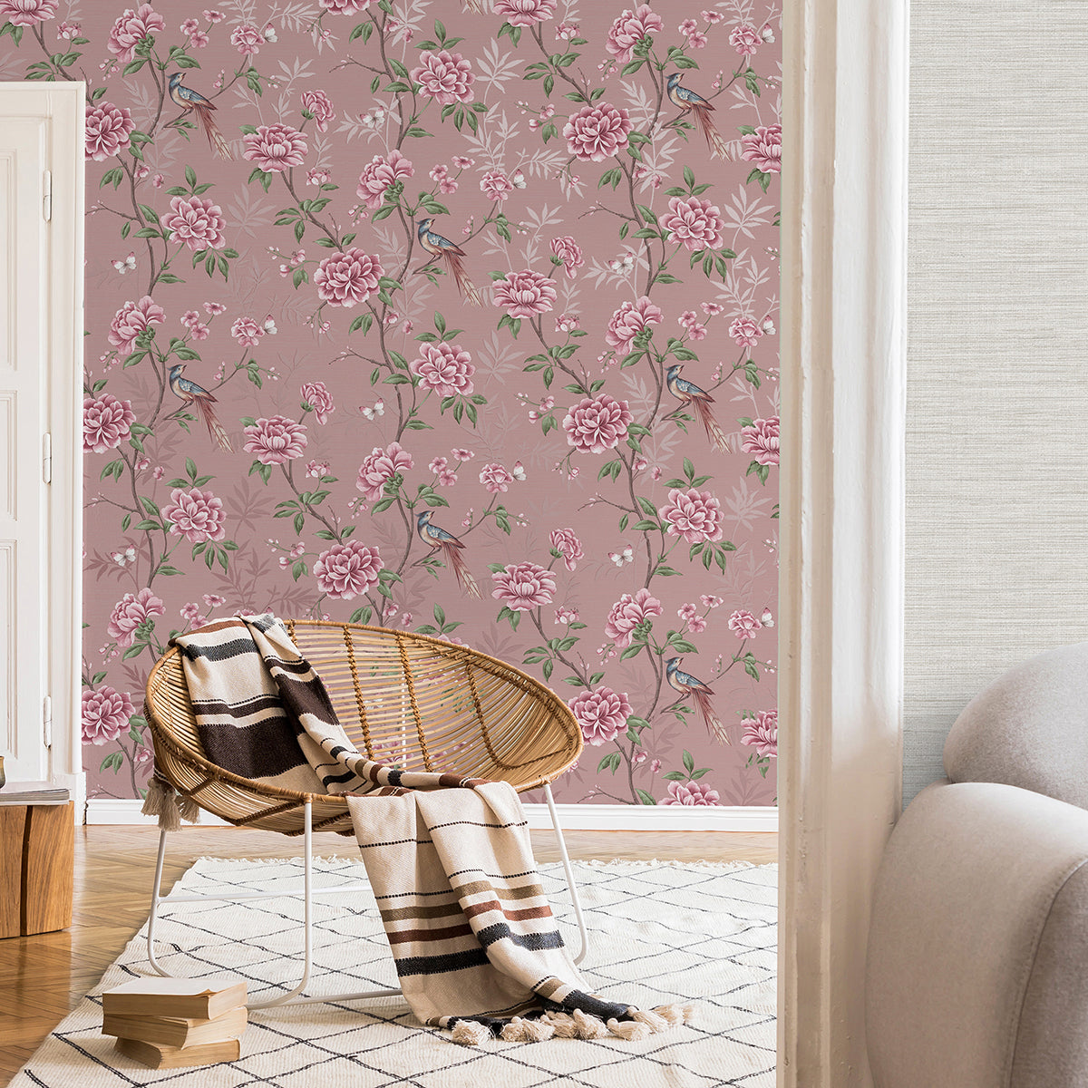 Akina Blush Floral Wallpaper - Brewster Wallcovering